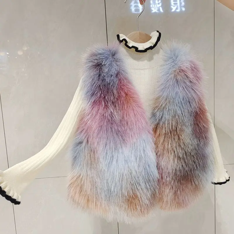 

Eid Child Clothing Painting Color Faux Fur Coat Girl Short Round Collar Casual Fashionable Winter Vest Girls Fur Vest