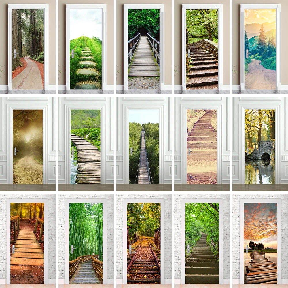 

Natural Forest Stairsway Door Design Wallpaper Peel and Stick 3D Vision Wood Bridge Wall Art Door Sticker Home Room Renovations