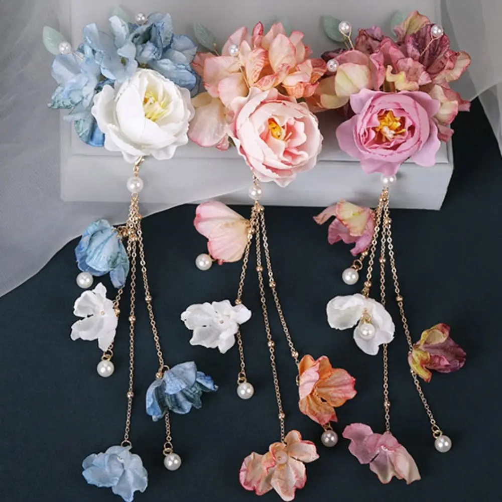 New Artificial Flower Floral Hairpin Forks U-shaped Tassel Hair Clip Fork Vinatge Chinese Style Tassel Headwear Hanfu