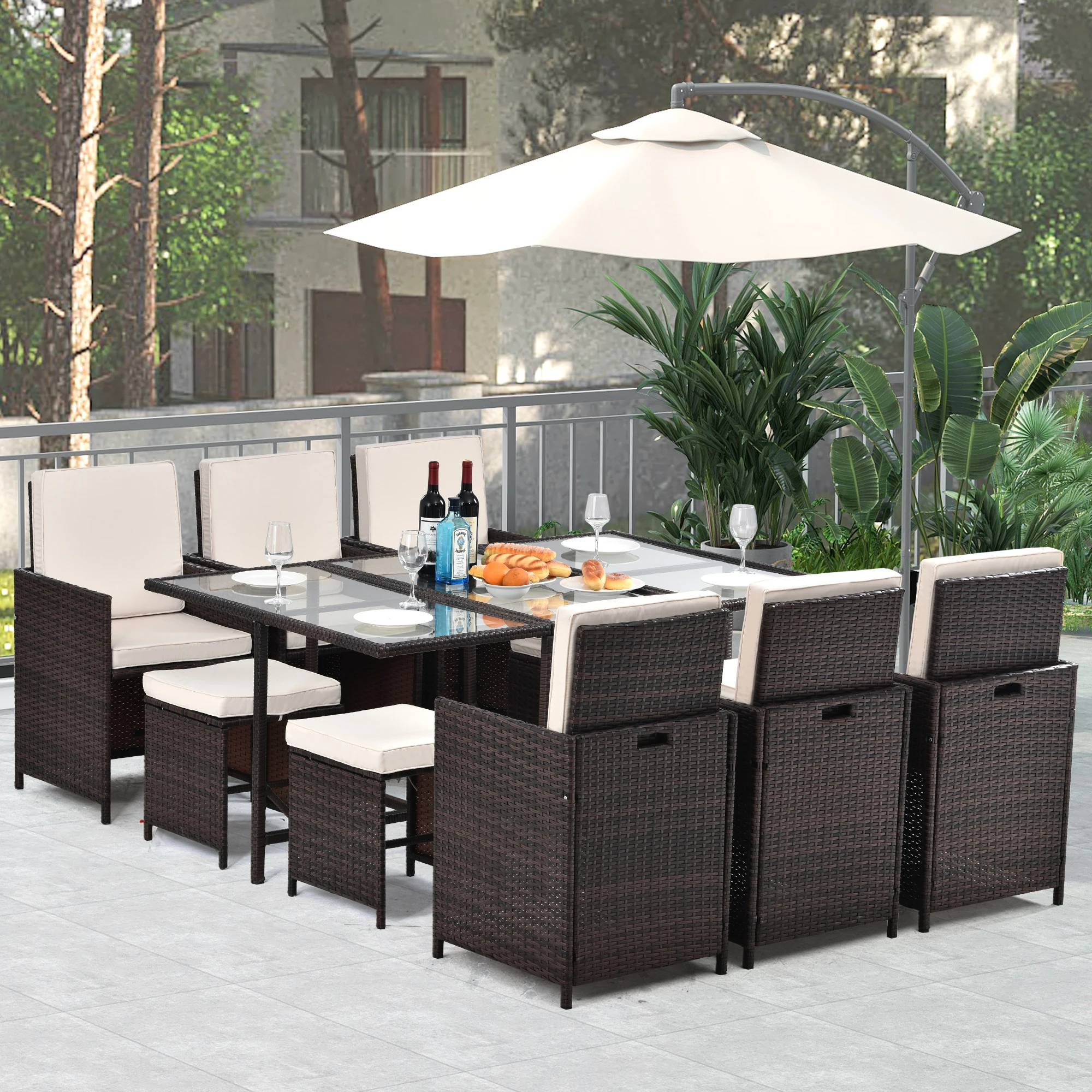 Outdoor Garden Patio Furniture 11 Piece Cushioned PE Rattan Wicker Dining Set Sectional Conversation Patio Set with Ottomans