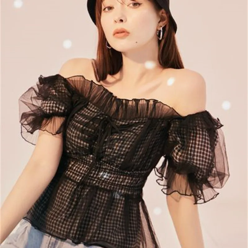 

Sweet Slash Neck Puff Sleeve Elegant Blouses Off Shoulder Mesh Lace Up Shirt Japan New Moda All-match Casual Blusas