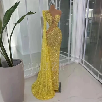 Yellow Long Dubai Evening Dresses Luxury Mermaid Beaded with Long Side Train Prom Party Gown for Special Occasions Customized 1