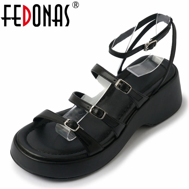 

FEDONAS Platforms Women Sandals Summer Fashion Narrow Band Genuine Leather Casual Party Ankle Strap Leisure Shoes Woman Pumps