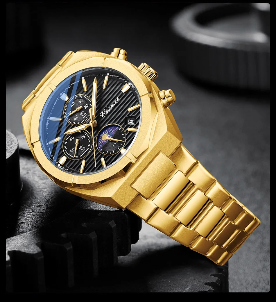 Luxury Gold Watches Men Big Dial Chronograph Multi Functiom Casual Business Quartz Wristwatch for Men Waterproof Steel Strap