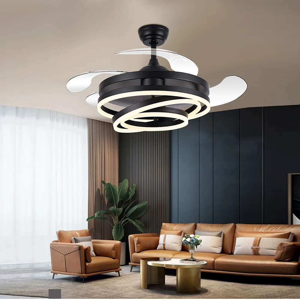 Ceiling Fans Modern Intelligent LED Hanging Lampara with 4 Retractable Blades Led Light With Remote Control Dimmable for Bedroom