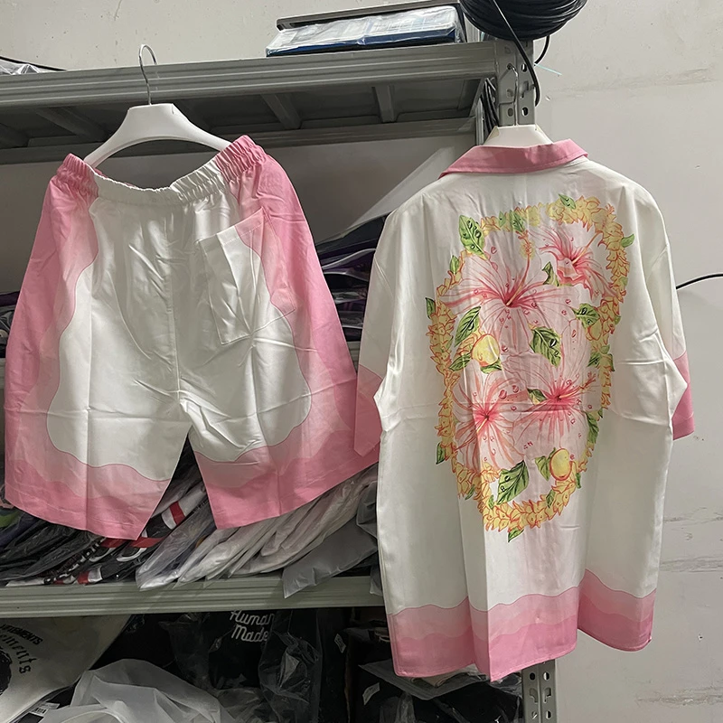 

2023 Pink Casablanca Shirt Men Women Floral Printing Hawaiian Shirts Tee Gym