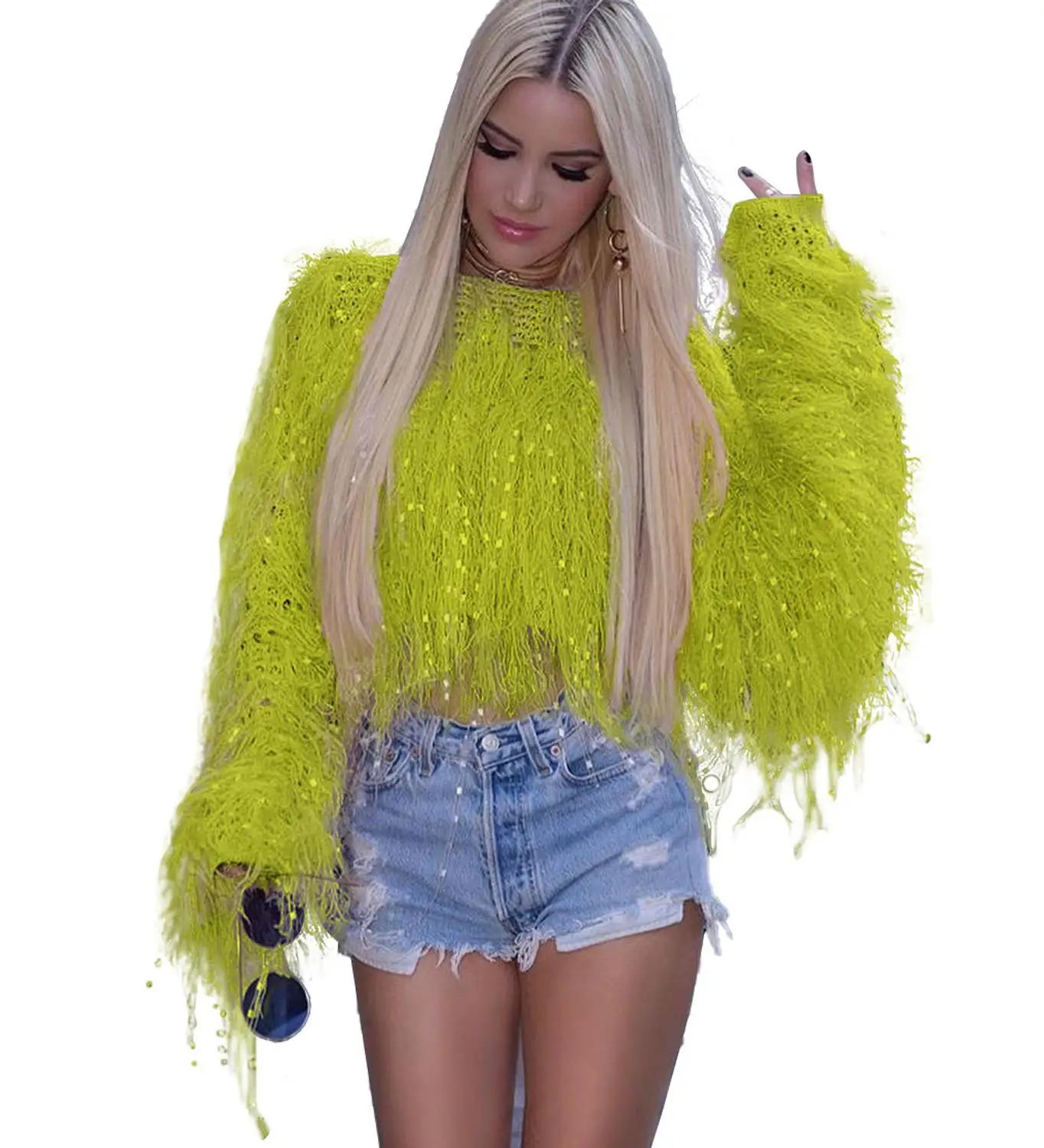 

Fashion Women Fringed Knitted Loose Cropped Sweater Sexy Winter Oversized Pullover Tops Lady Solid Neon Jumper Tassel Outerwear