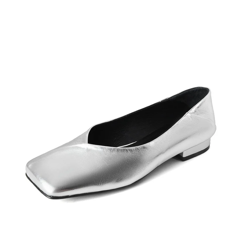 New French Soft Sole Cowhide Comfortable Casual Shoes Square Head Shallow Mouth Low Heel Fashion Women's Single Shoes