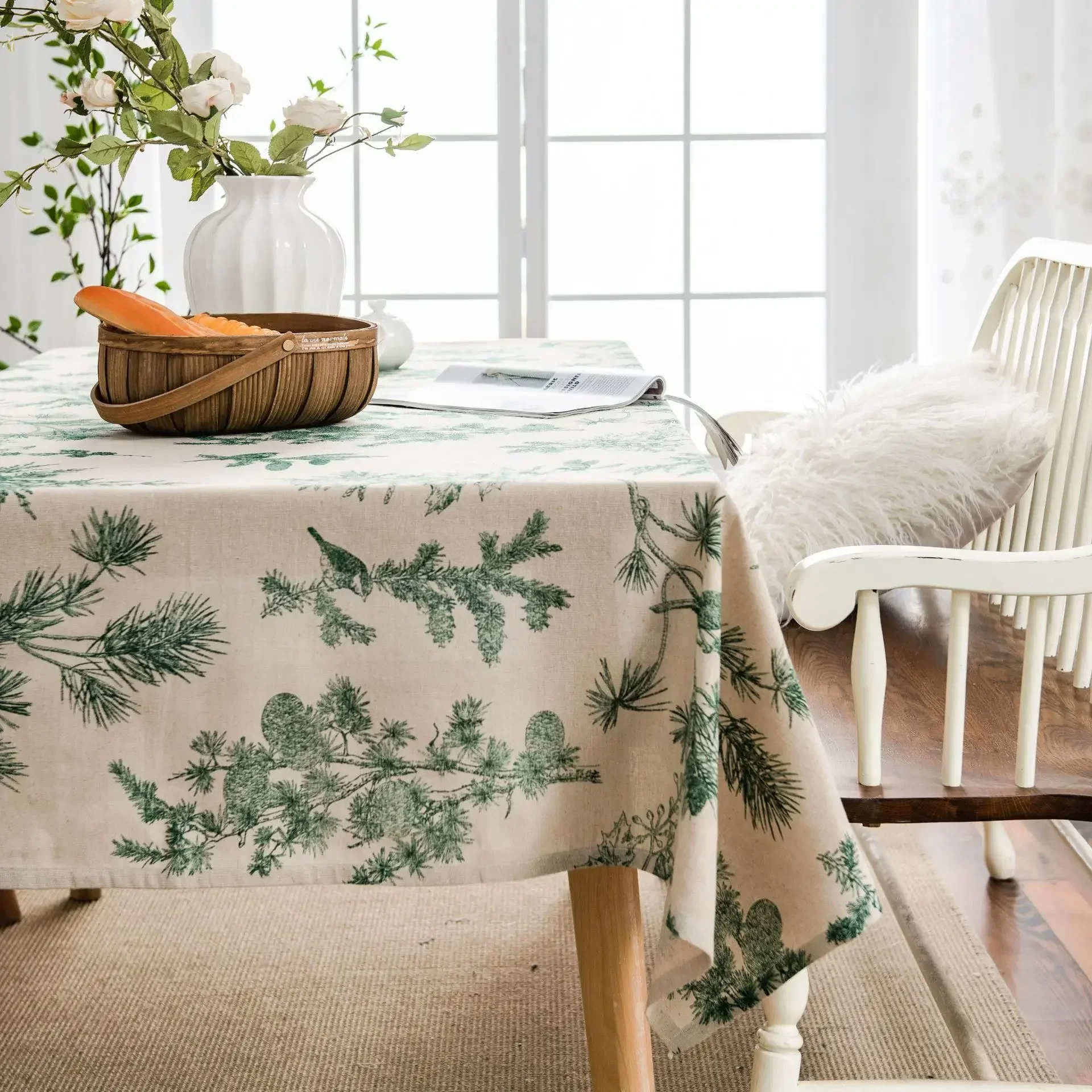 Cotton Linen Printed Pine Rectangular Fitted Tablecloth for mantel mesa party wedding kitchen dining decor table met cover - Image 3