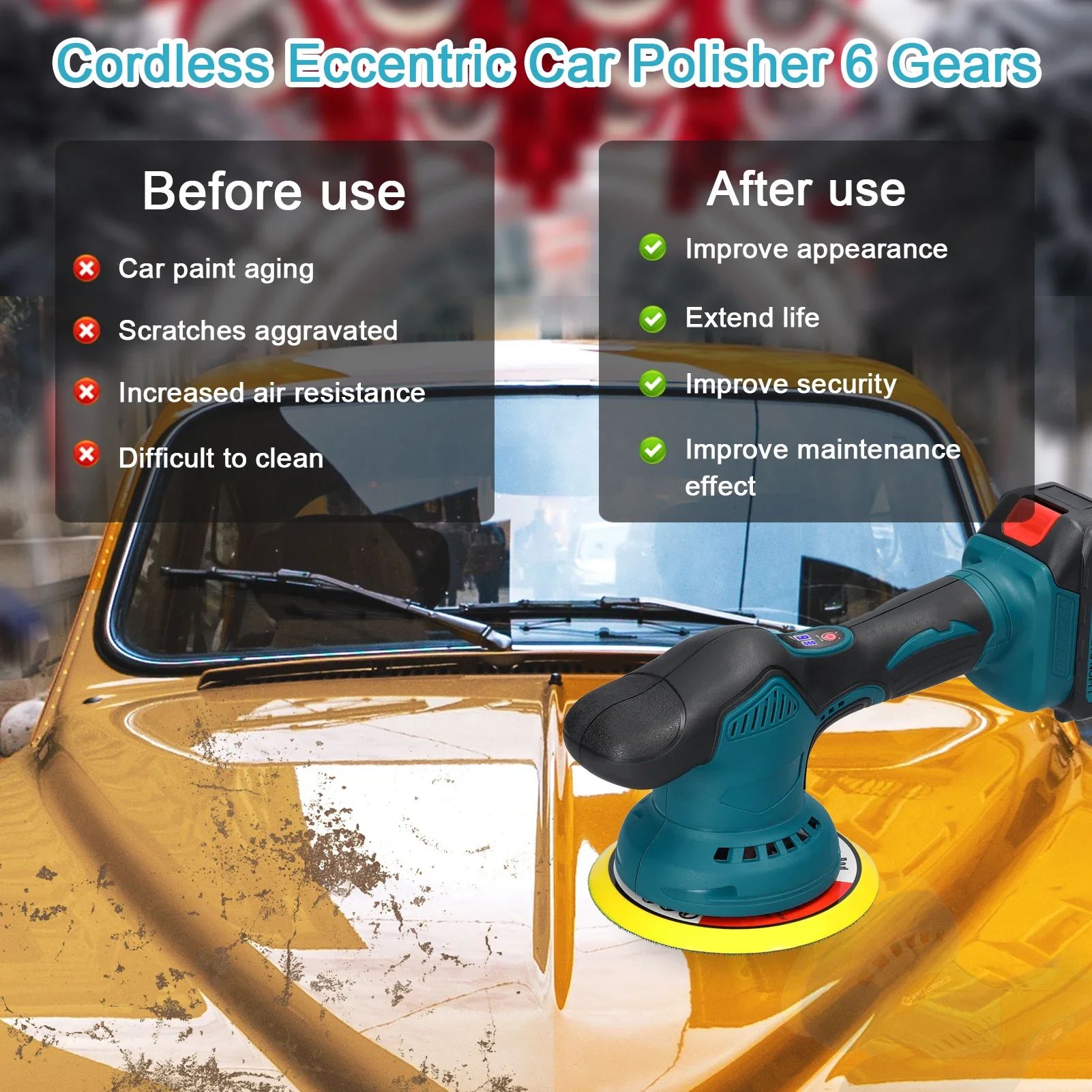 21V Cordless Car Polisher 6 Gears Speed Electric Polishing Tool Multifunctional Metal Waxing Rust Removal Wood Sanding Machine 6