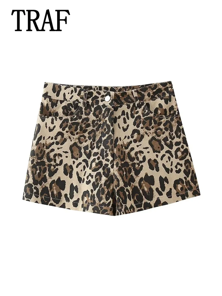 

TRAF Leopard Print Shorts for Women High Waist Bermuda Shorts Woman Summer Beach Mini Shorts Women 2024 Fitness Women's Shorts