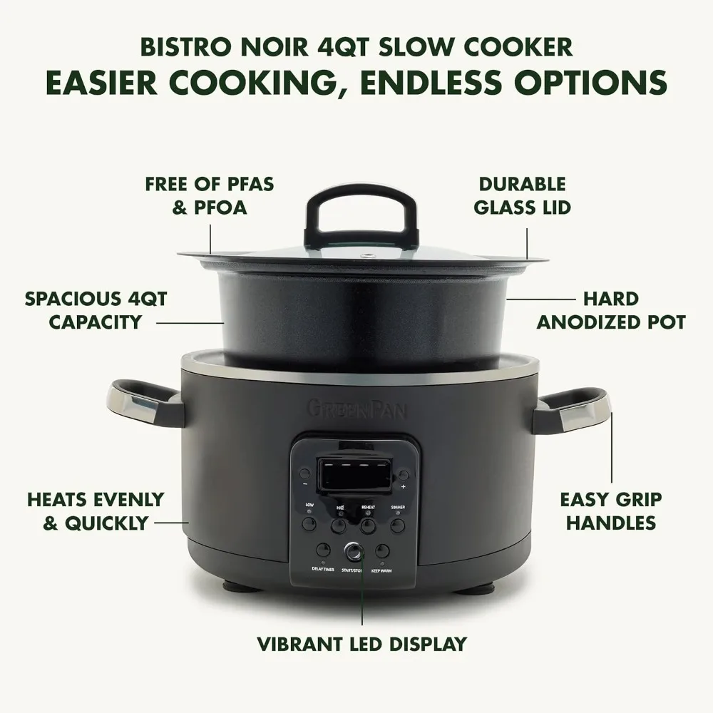 6-in-1 4QT Electric Ceramic Slow Cooker with Glass Lid, Multifunction Presets, Hard Anodized
