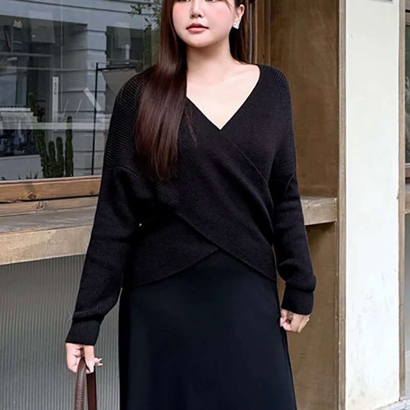 XXXL Fashion Plus Size Women's Sweater Premium Fairy Cross V-Neck Gentle Sexy Design Soft Knitted Pullovers Autumn Winter 8218