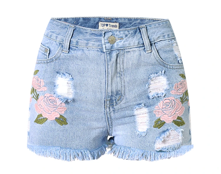 denim High Waist Denim Shorts Women All-match Flower Embroidery Ripped Jeans Short Femme Tassel Slim Fit Light Blue Short Jeans Woman slim fit