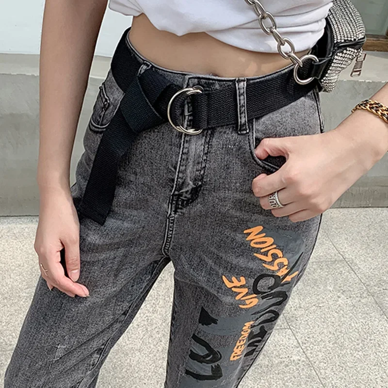 Free Belt Women Korean fashion  Letter Print Jeans Spring Autumn High Waist Slim Pencil Pants 2024 Woman Plus Size Grey Jeans