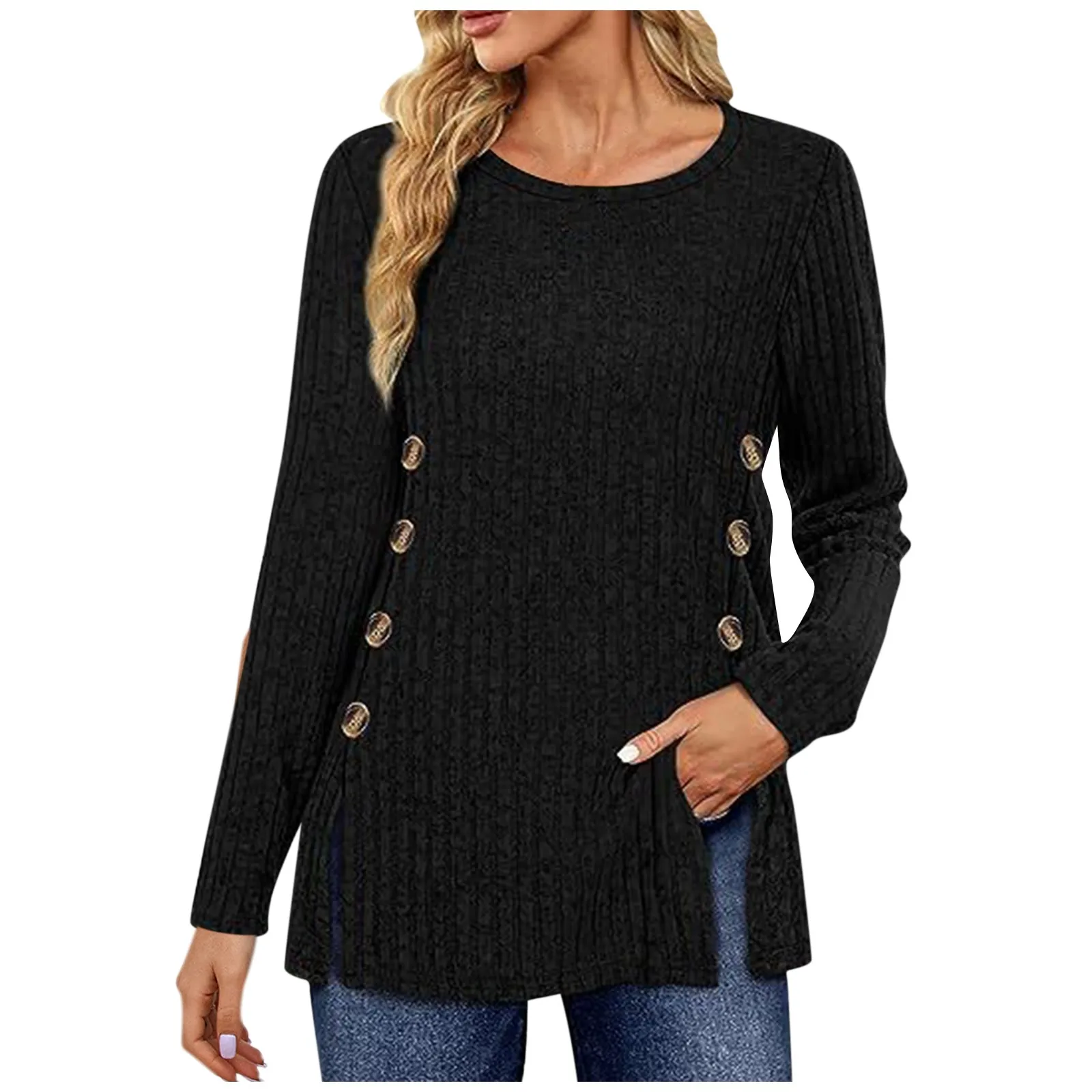 

Женский Однотонный свитер, Модный трикотажный Повседневный Топ с длинным рукавом и пуговицами на подоле, модная осенне-зимняя одежда, 2023