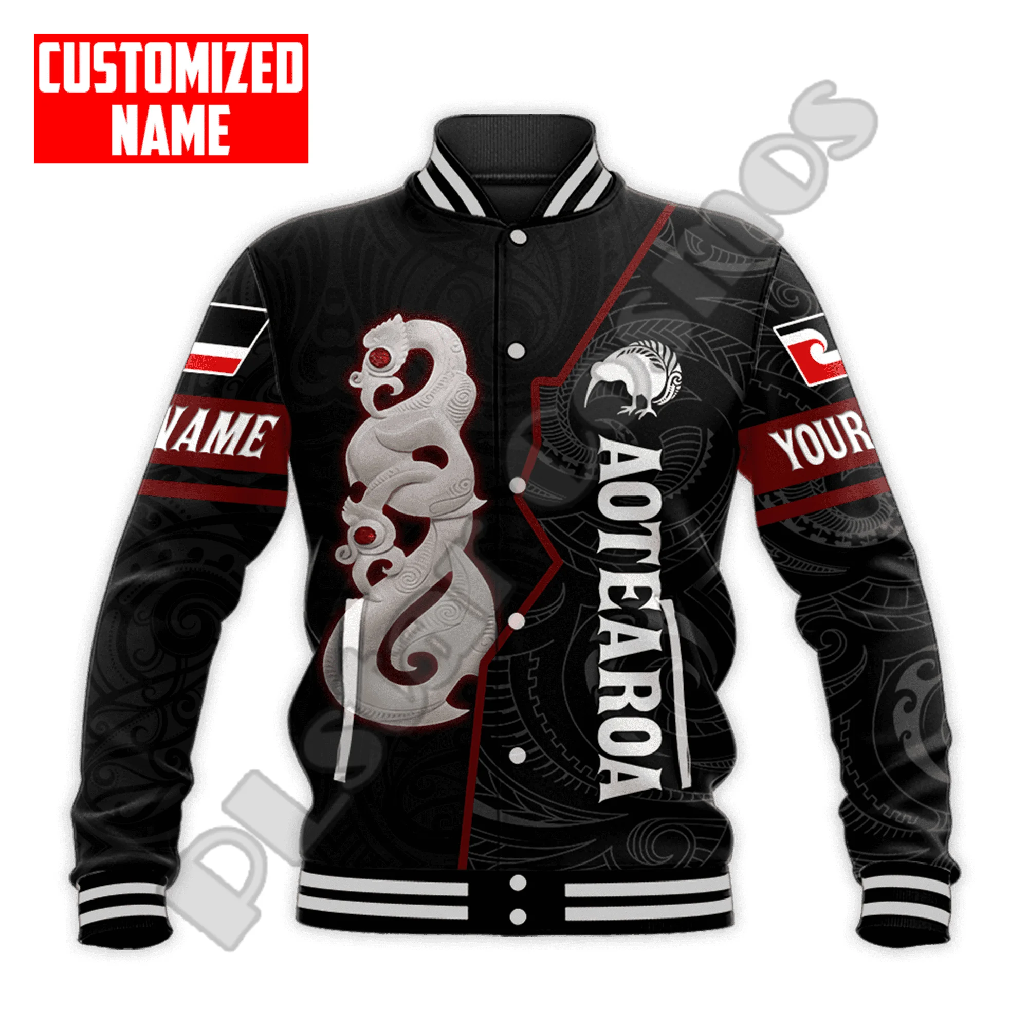 Custom Name Country Flag New Zealand Aotearoa Maori Tattoo Retro Overcoat 3DPrint Funny Harajuku Button Cotton Baseball Jacket B