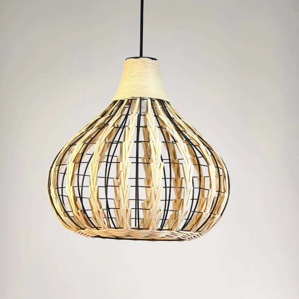 30cm Hand-woven Rattan Pendant Light Wicker Chandelier Light Dining Homestay Retro Hotel Hemp Rope Lantern Bamboo Hanging Lamp