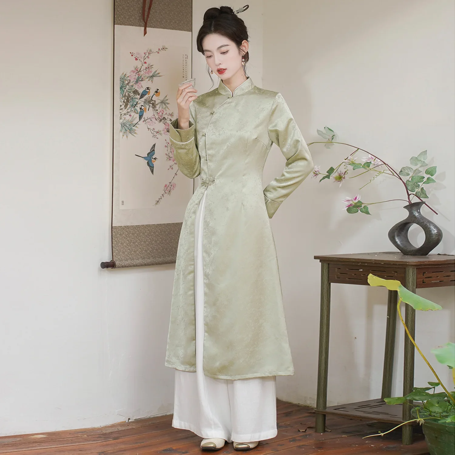 Autumn Vintage Stand Collar High End Jacquard Modified Chinese Dress Zen Tea Suit Workwear New Chinese Style Wardrobe Set