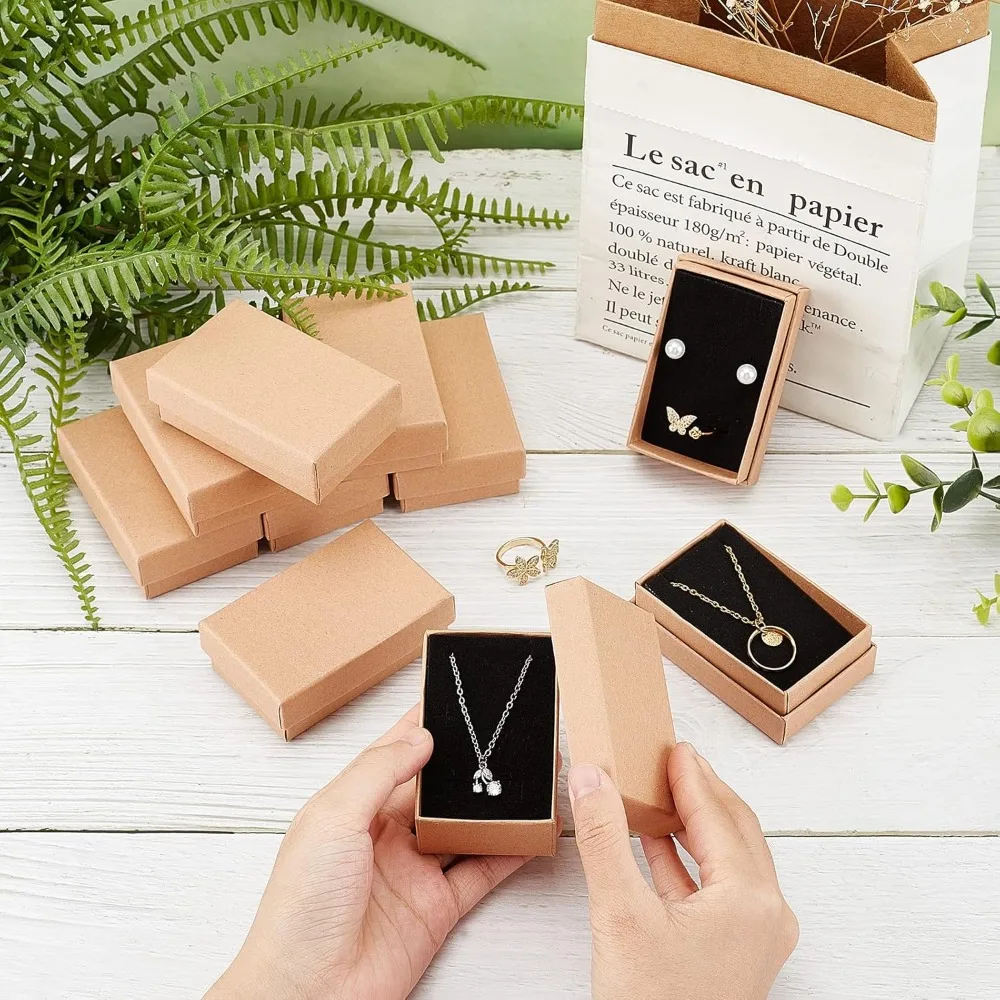 24 Pcs Rectangle Jewelry Box, 3.1x2x1" Tan Cardboard Jewelry Boxes Kraft Paper Gift Packaging Boxes Christmas Gift Paper