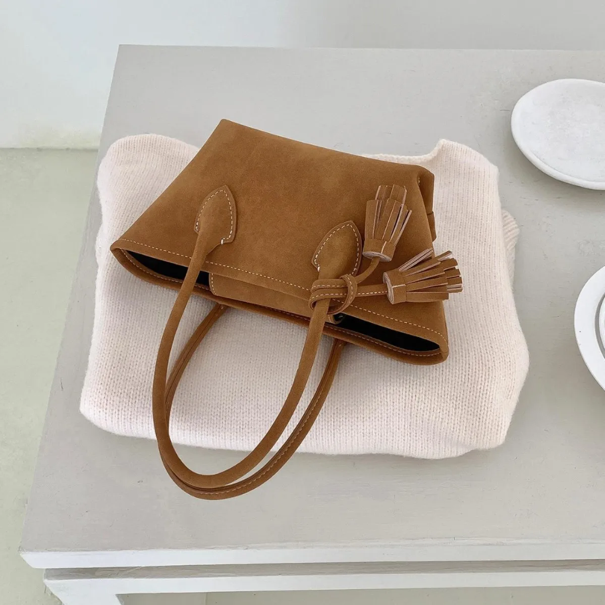 Casual Versatile Tote Bag Faux Suede Solid Color Shoulder Bag small Handbag for Women Top-Handle Bags