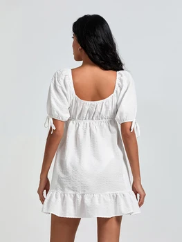 Maternity Plaid Dress with Puff Sleeves and Sweetheart Neckline Ruffled Hem Loose Fit Short Length - Pregnancy Fashion 5