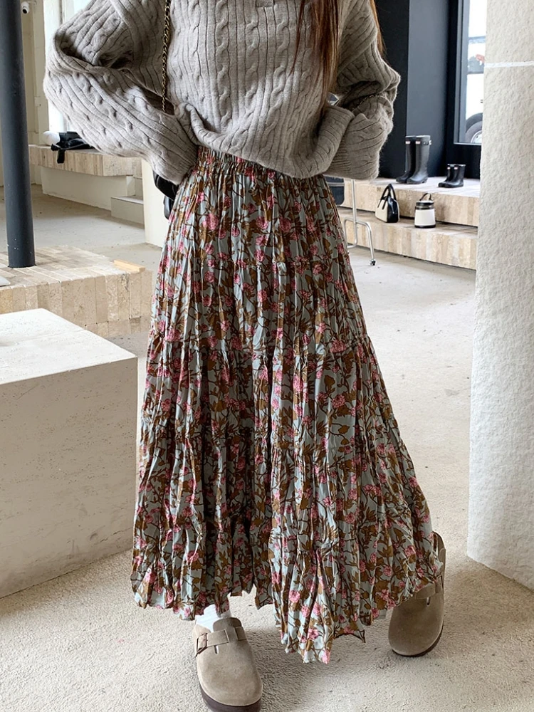 

Autumn Winter Wrinkled Floral Pleated Skirt Women Korean Style Casual High Waisted A-Line Midi Long Skirts Maxi falda plisada