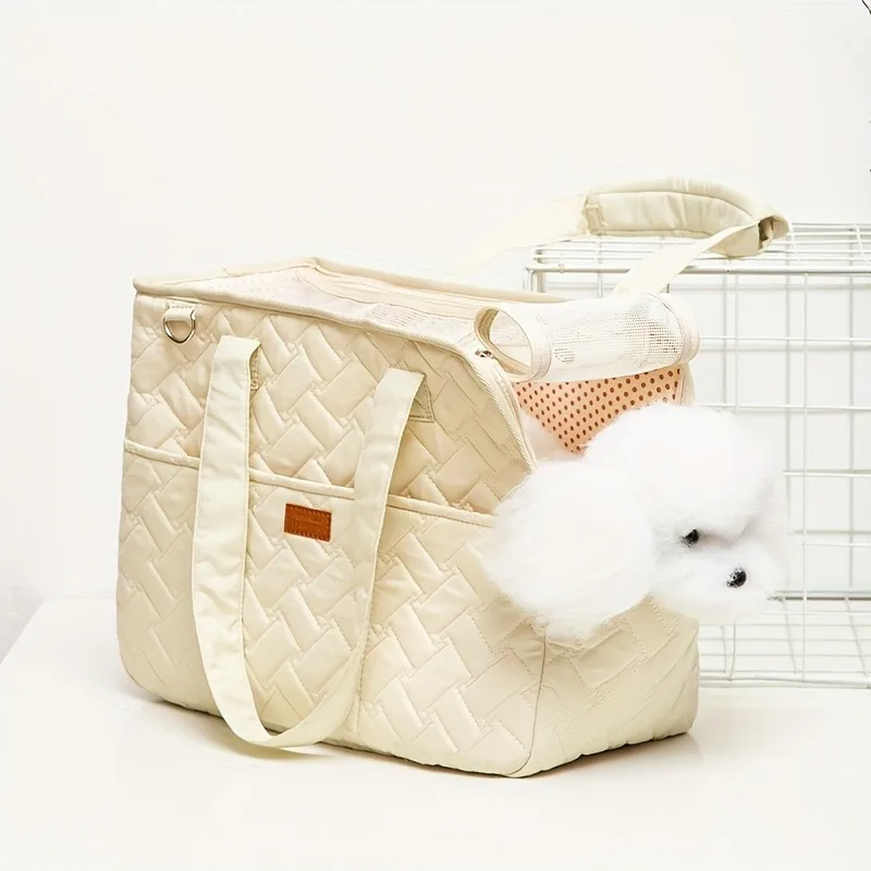 Portable Quilted Pet Handbag For Cats and Small Dogs Lightweight Canvas Shoulder Bag with Breathable Mesh Bag