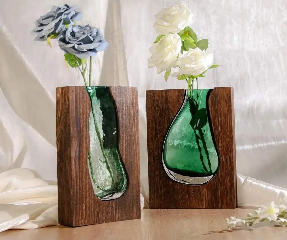 Solid Wood Transparent Glass Vase for Home Decor Crystal Flower Vase Modern Centerpiece for Living Room/Hotel Lobby Decoration