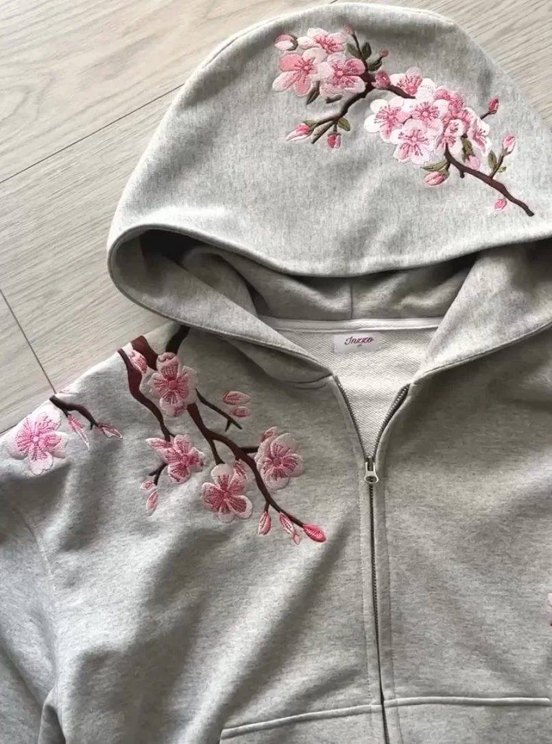 Y2K Vintage Oversized Cherry Blossom Embroidered Hooded Jacket Mens Womens Pink Zipper Coat Harajuku Hip Hop Graphic Streetwear