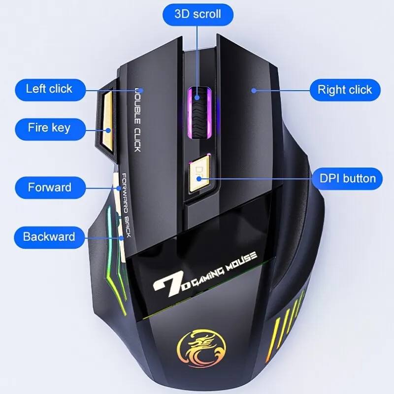 Wireless Gaming Mouse USB IMICE GW-X7 3200DPI Dual Mode Rechargeable 7 Keys 2.4Ghz Silent Mouse Bluetooth 7-color Breathing LED — view 2