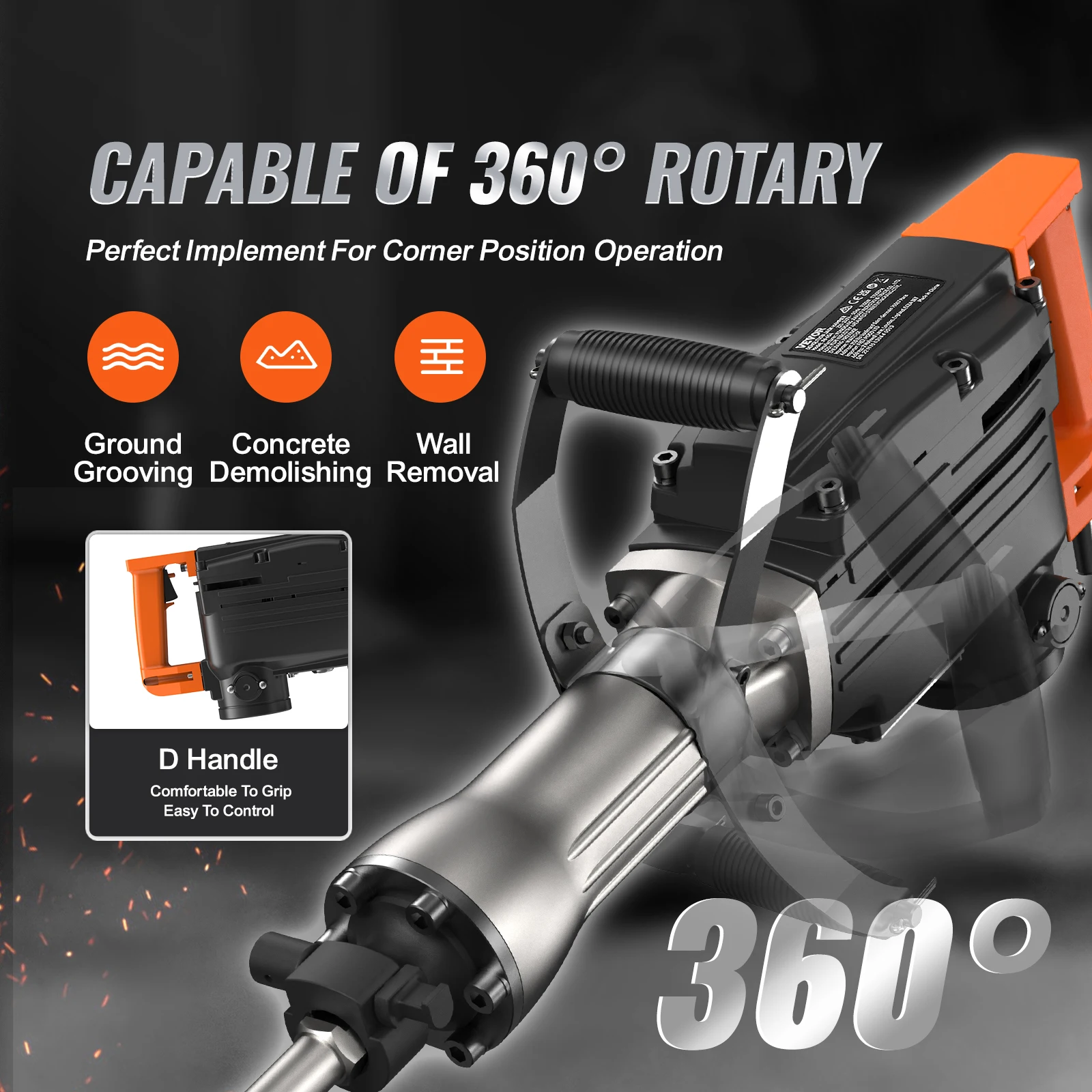 VEVOR Demolition Jack Hammer 2200W Jack Hammer Concrete Breaker 1350 BPM Heavy Duty Electric Jack Hamme 4/2pcs Chisels Bit 6