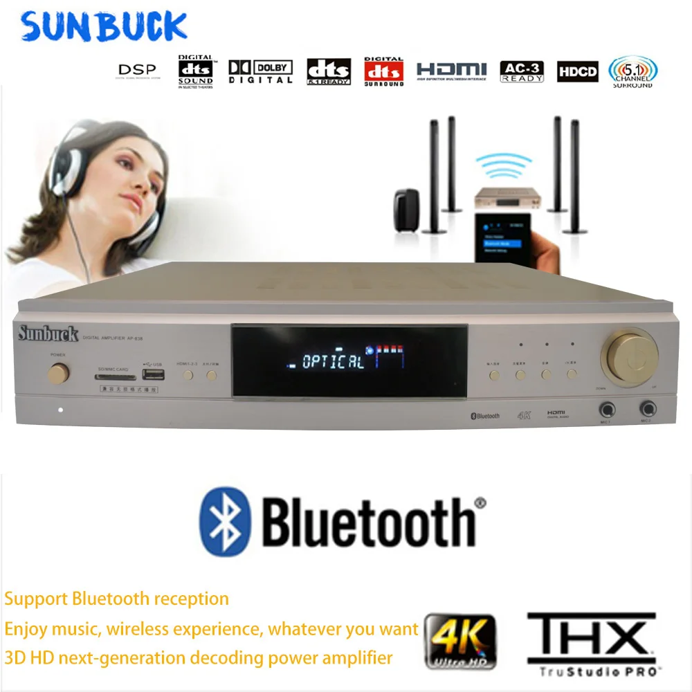 

Sunbuck Lossless Bluetooth 2000W HD AV Power Amplifier USB Fiber Coaxial DTS Dolby AC-3 Home Theater 5.1 Power Amplifier Audio