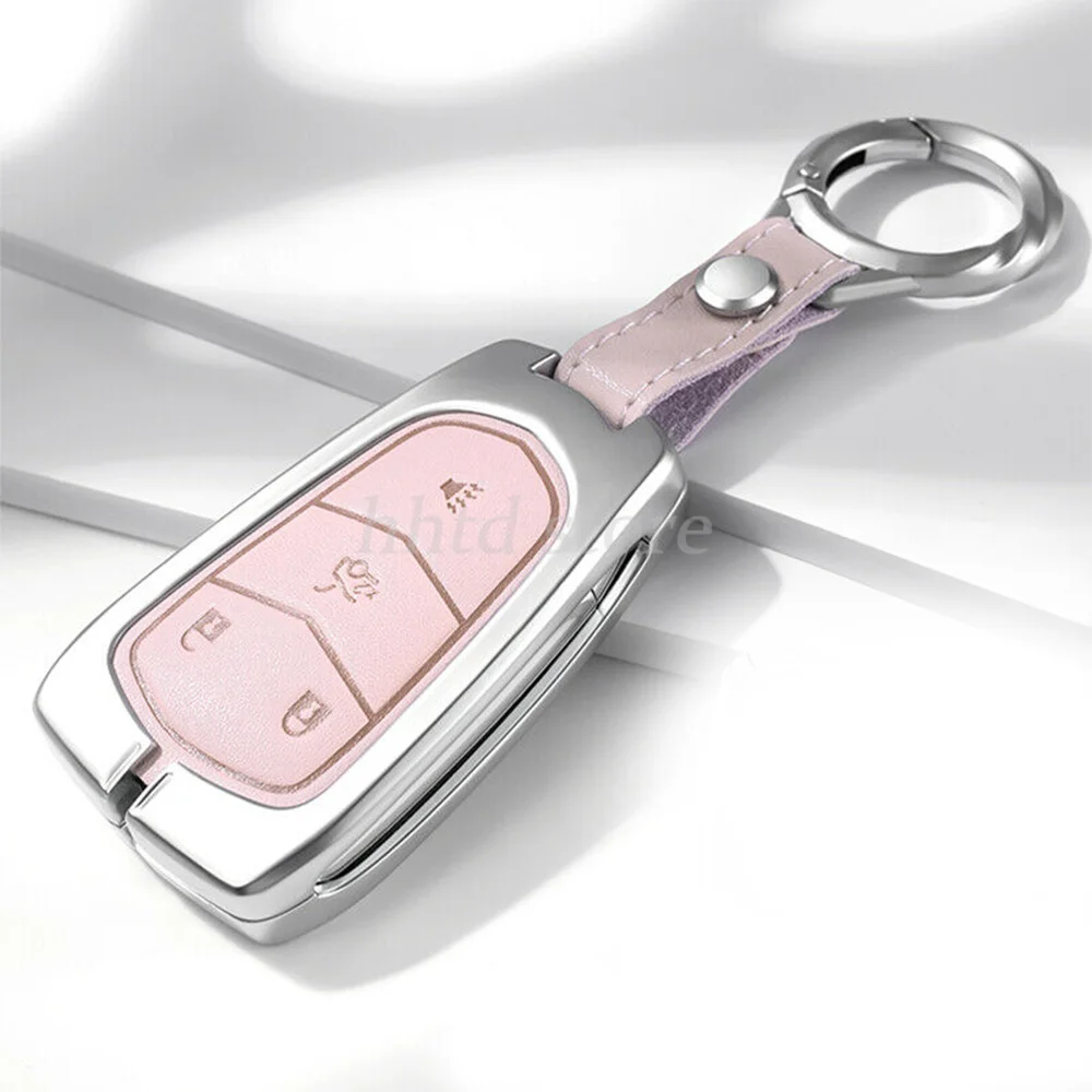 

Zinc Alloy Leather Car Remote Start Key Fob Cover Protector Holder Auto Accessories Keychain For Cadillac Escalade ATS CT6 XT5