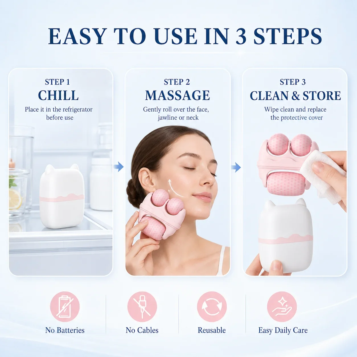 3 Roller Ice Face Roller Cooling Facial Massager with Cat Ear Storage Case Reduce Puffiness Jawline Neck Eye Skincare Massage To