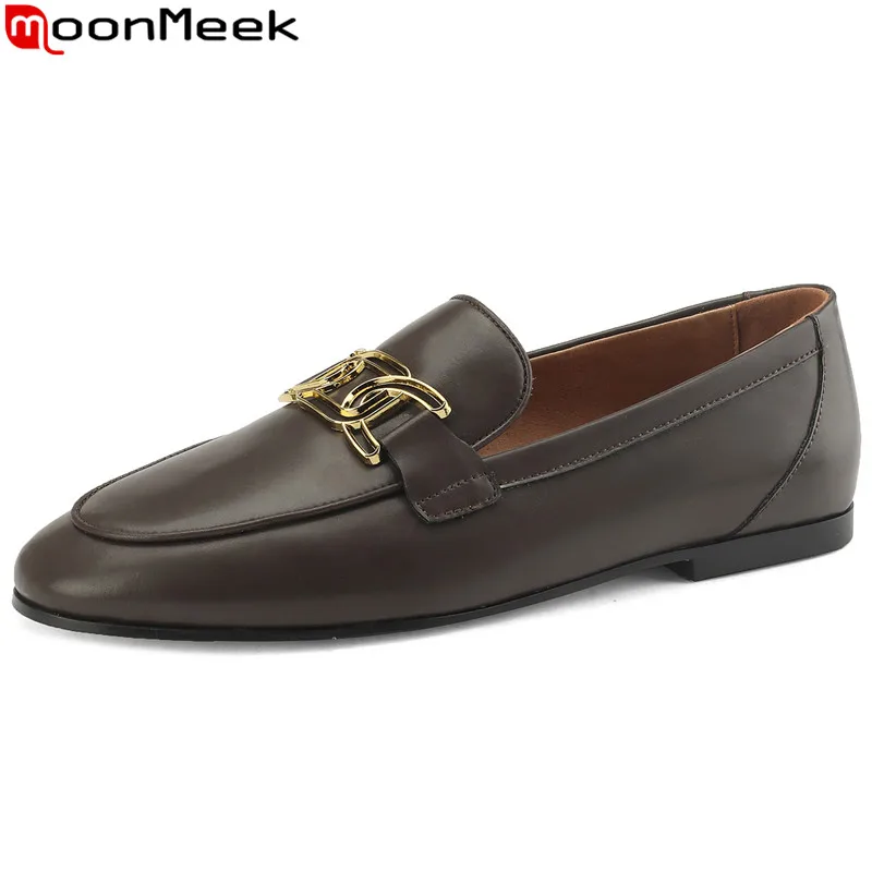 

MoonMeek 2023 New Size 34-42 Genuine Leather Loafers Flats Shoes Woman Ladies Metal Decoration Dress Shoes Slip On Solid Flats