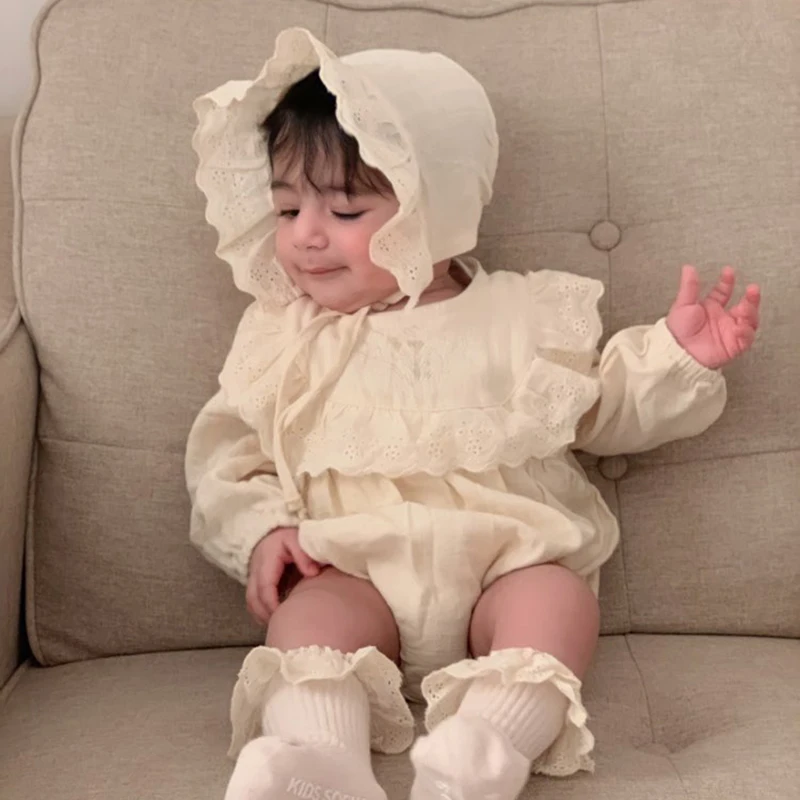 Lace Princess Toddler Romper 2020 Autumn Retro Newborn Baby Girl Clothes Cotton Spring Pure Color Infant Outfits 2pcs With Hats