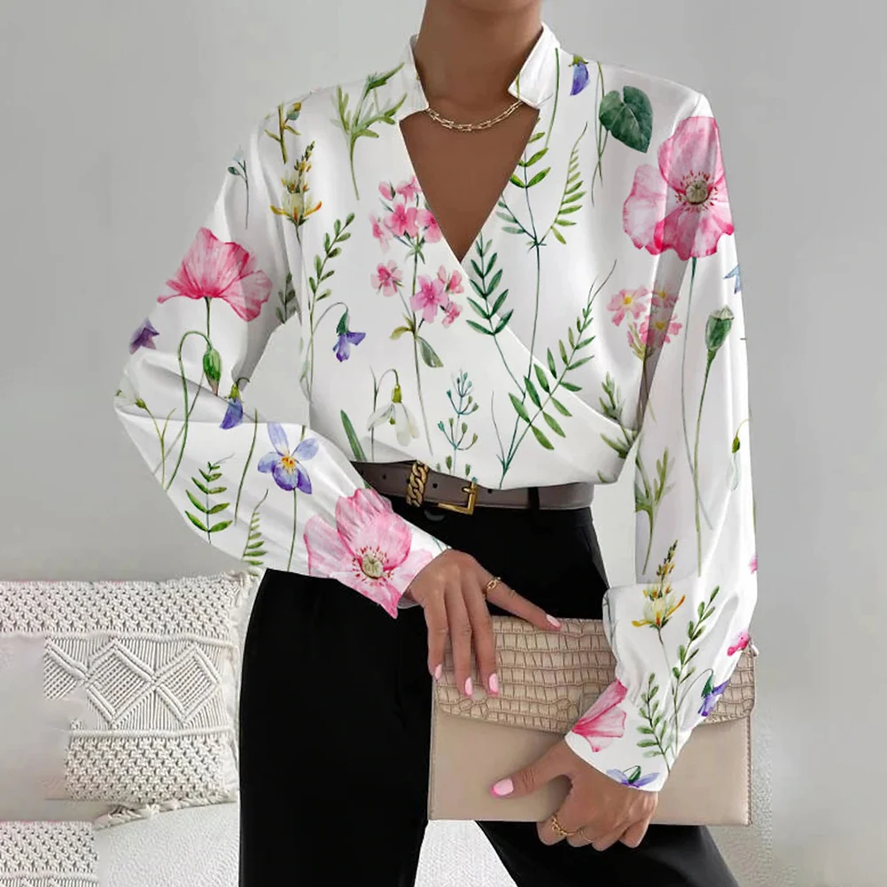 

New Stylish Womens Tops Long Sleeve Appointments Breathable Fashion Slim Flower Print Lapel Tops Slightly Elastic