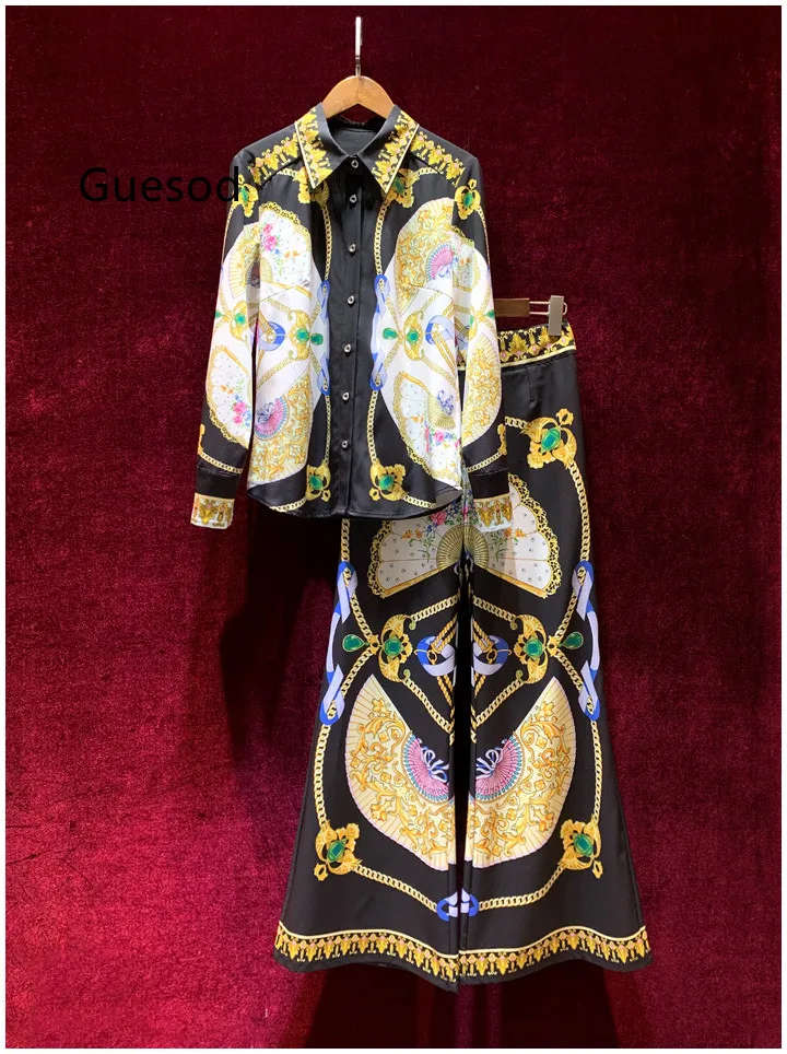 

Guesod Women Fairy French Vintage Print Wide Leg Pants Set Female Fashion Elegant 2022 Summer Slim New Arrive