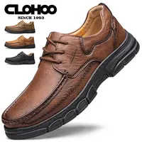 CLOHOO Men's Handmade Thick Rubber Bottom Breathable Casual Leather Shoes Classic Sewn Loafers Comfortable Leisure Footwear