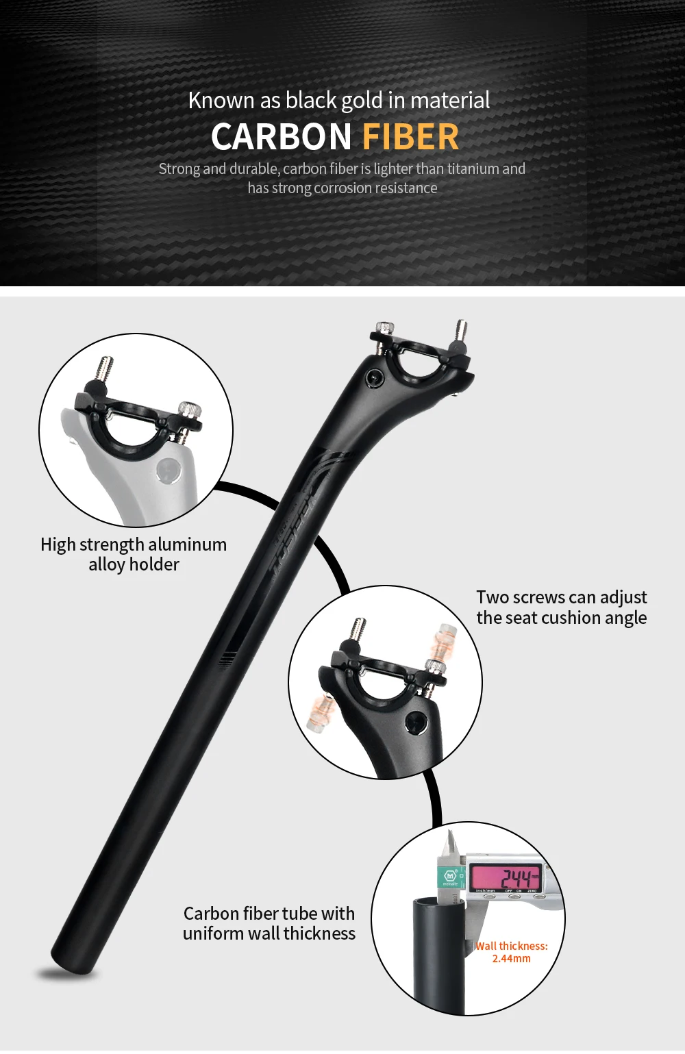 TOSEEK Carbonfaser-Sattelstütze MTB/Rennrad Fahrradsattelstütze Fahrrad-Sattelrohrteile 27,2/30,8/31,6mm Offset 20mm Schwarz Matt – Detail 4
