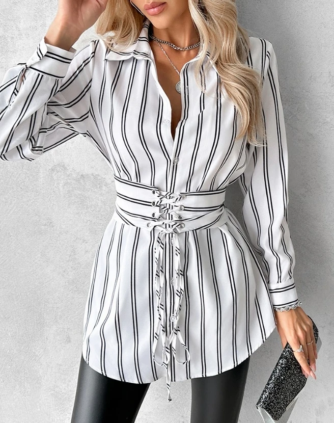 

Lace Up Detail Dress, New Hot Selling Striped Front Shirt Dress, Fashionable Women's Long Sleeved Lapel Mini Skirt