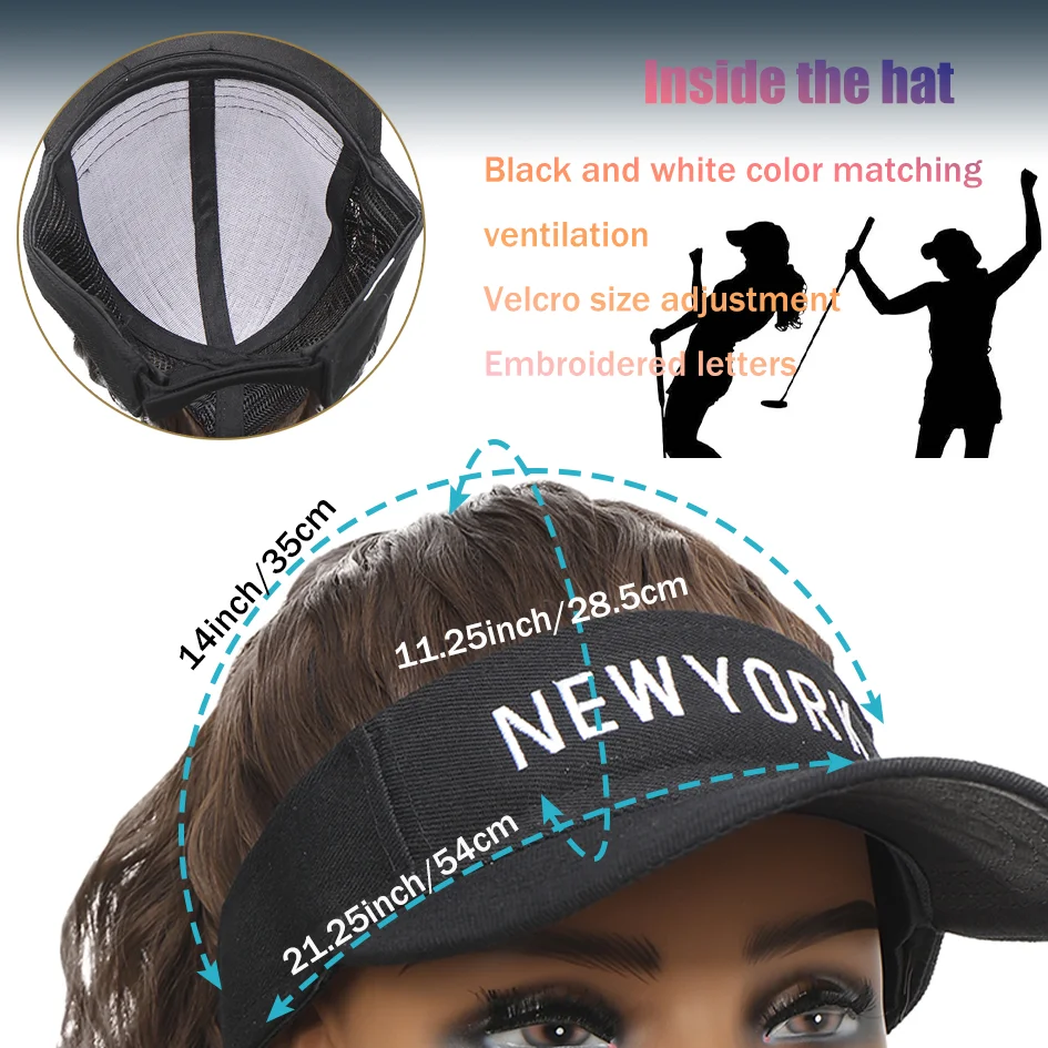 Synthetic 12inch Women's hat Water ripple wig hat with ponytail wig Hat with wig Lady's adjustable black baseball cap wig