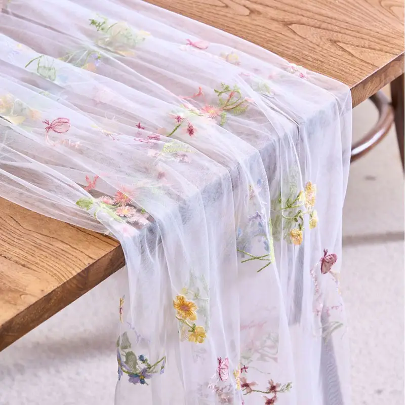 Flower Butterfly Embroidered Lace Table Runner Soft Dining Table Decoration for Wedding Party French Romantic Gauze Table Cover - Image 3