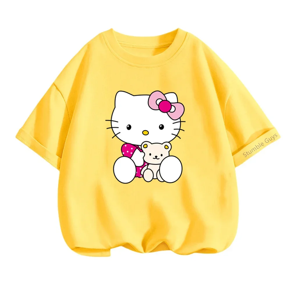 헬로 키티 산리오 여름 의류 3-14Y 어린이 카와이 캐주얼 애니메이션 소년 의류 소녀 티셔츠 티