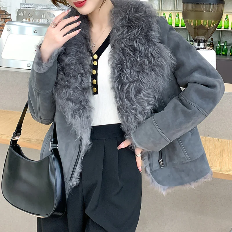 

Genuine Sheepskin Leather Jackets 2023 Women Natural Fur Shearling Coat Thick Warm Lamb Fur Lining Coat ZJN5179