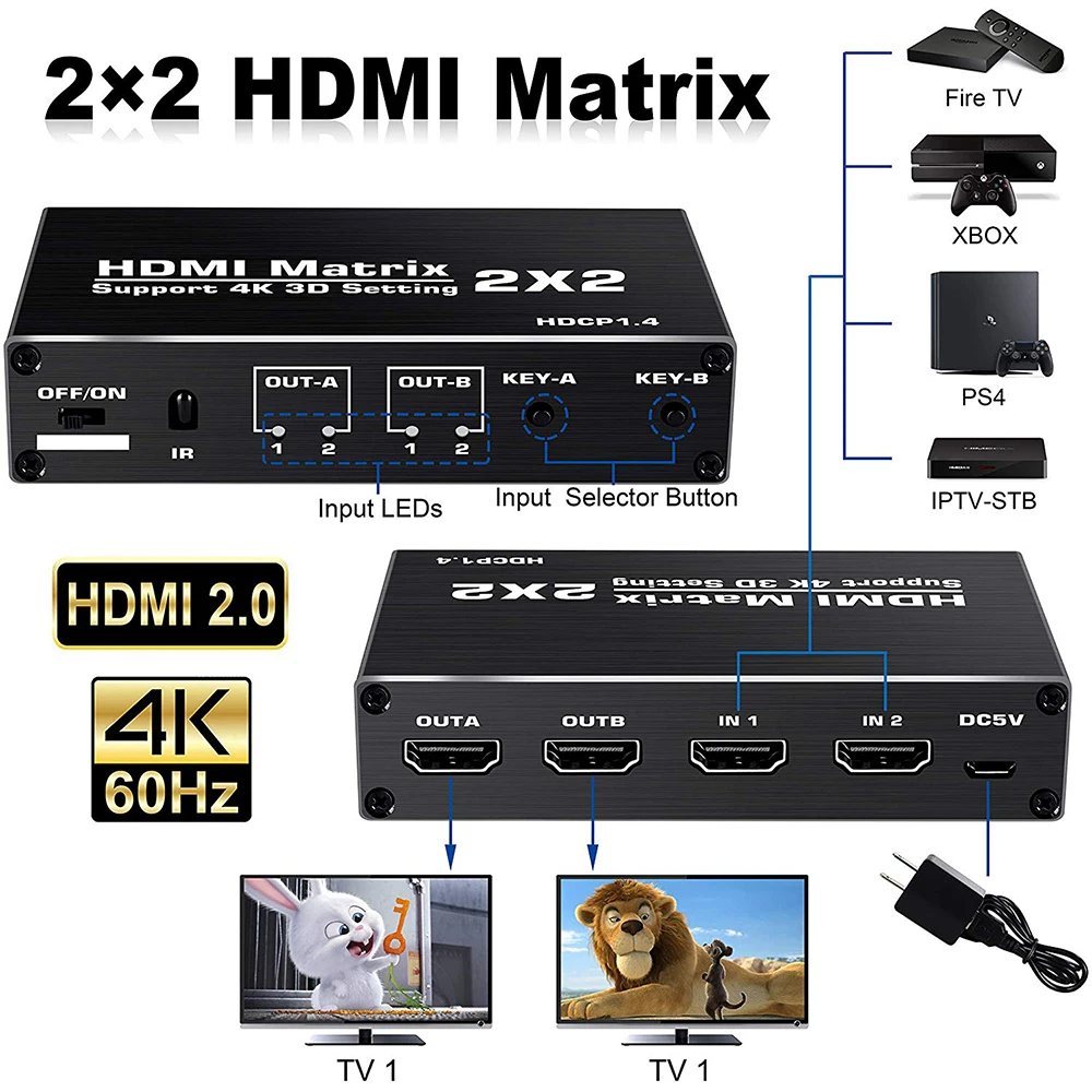 

4K HDMI Matrix Switcher 2x2 1080P 3D HDMI Matrix 2 in 2 out HDMI Switch Splitter Video Matrix Adapter for PS4/PS3 PC Laptop TV