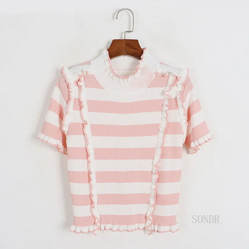

Cute T Shirt Stand Collar Ruffles Pink T Shirt Chic Tops 2023 Sumer Kawaii Clothes Striped Thirt Shirt Femme Tshirt Summer Tee