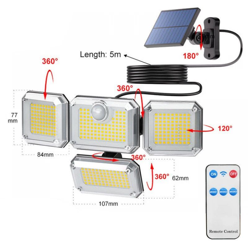 

333 LED Solar Lights 5M Wire Length Outdoor Motion Sensor Human Induction Adjustable head IP65 Waterproof Solar Power Wall Lamp