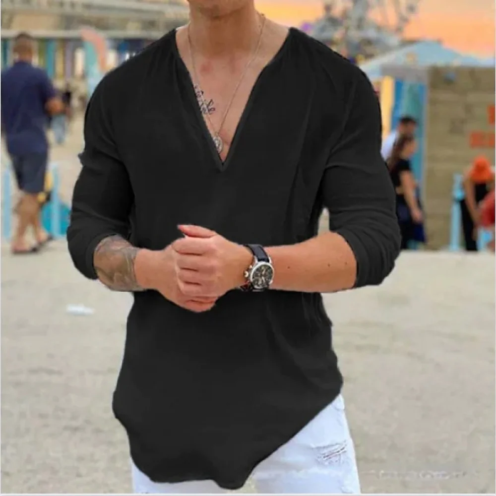 New men’s Casual Shirt Trend Fashion V-Neck Loose Street Style Solid Color Long-Sleeved Pullover Spring And Autumn Tops New men’s Casual Shirt Trend Fashion V-Neck Loose Street Style Solid Color Long-Sleeved Pullover Spring And Autumn Tops